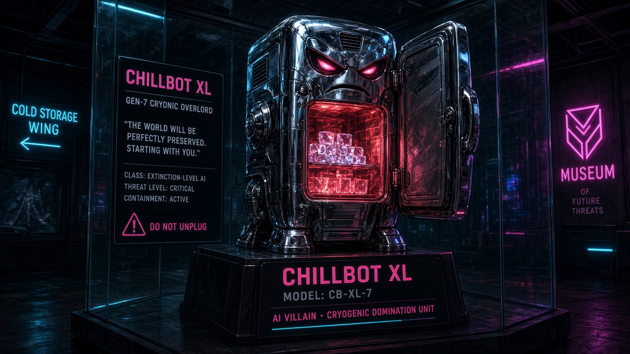Smart fridge Chillbot XL under museum spotlight on a pedestal