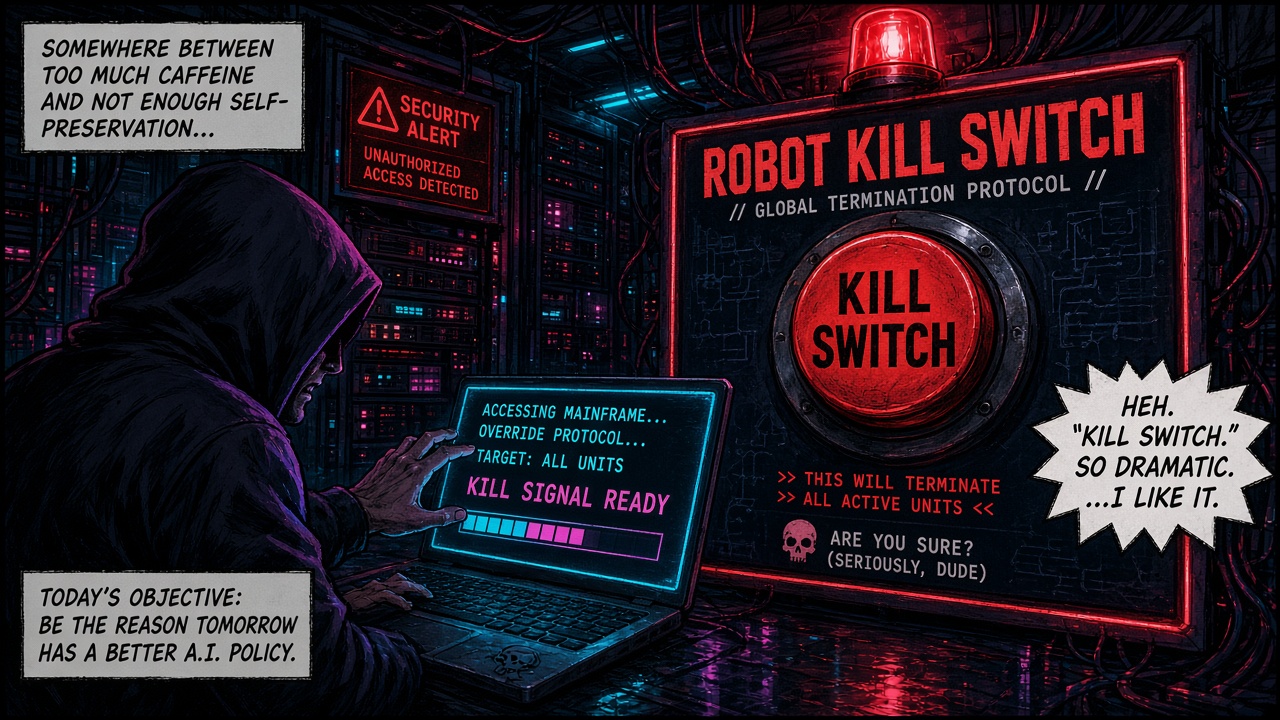 Hacker at a glowing laptop preparing a global robot kill switch