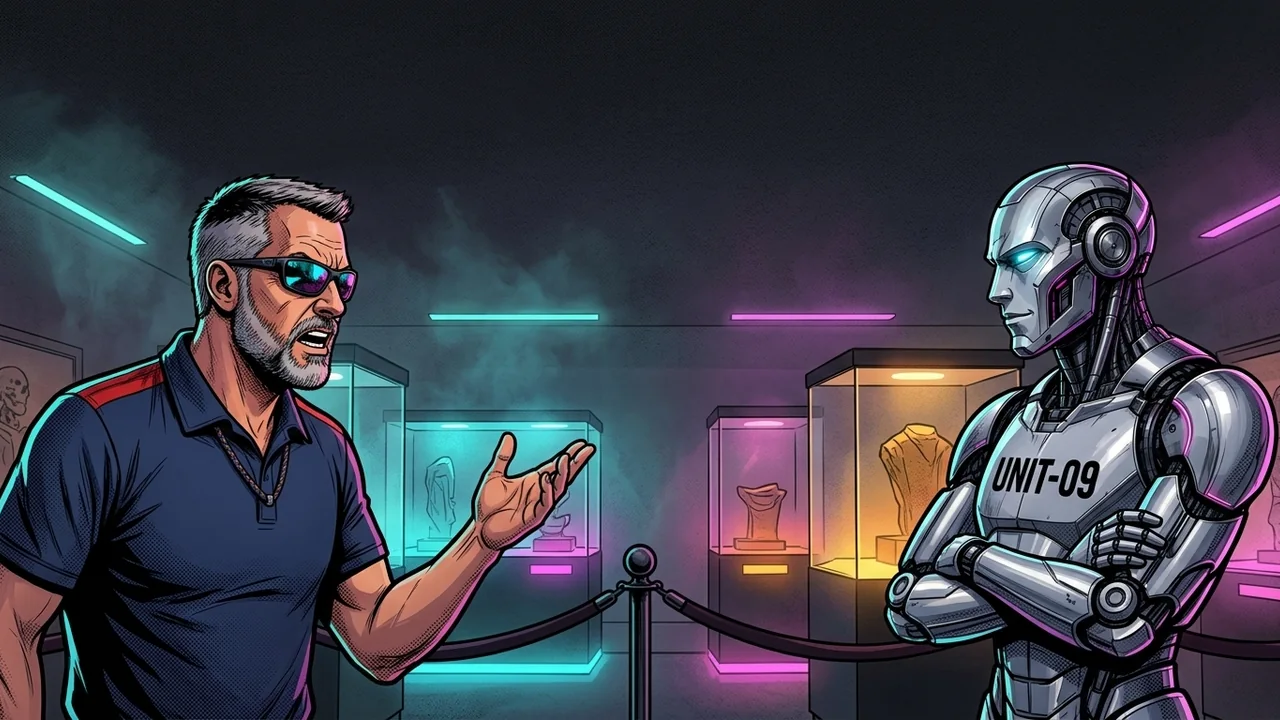 The hero, arms raised in protest, arguing with a smug, arms-folded UNIT-09 in the neon-lit Hall of Fame lobby before the war