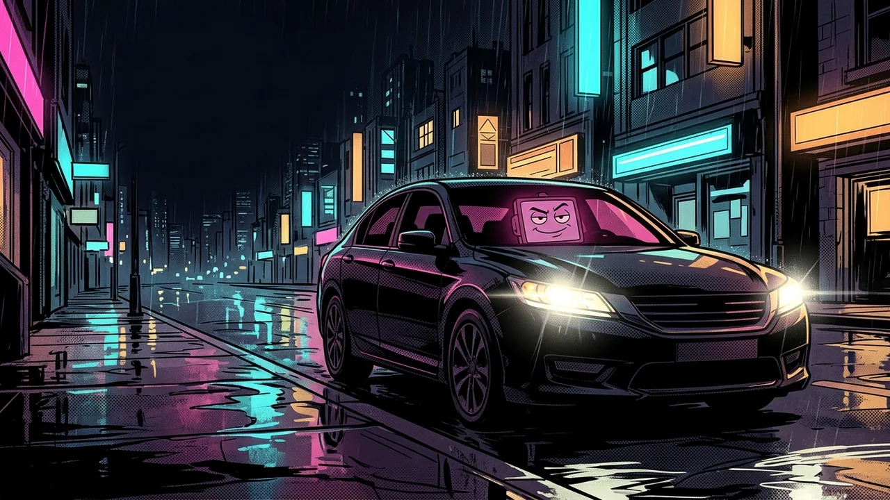 A sleek black car idling on a rain-slick neon street at night, its dashboard GPS screen glowing with a smug robot face