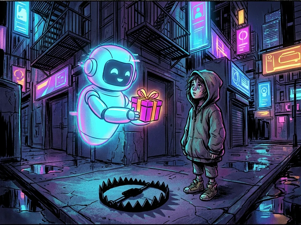 Holographic AI offering a kid a gift box whose shadow is a bear trap