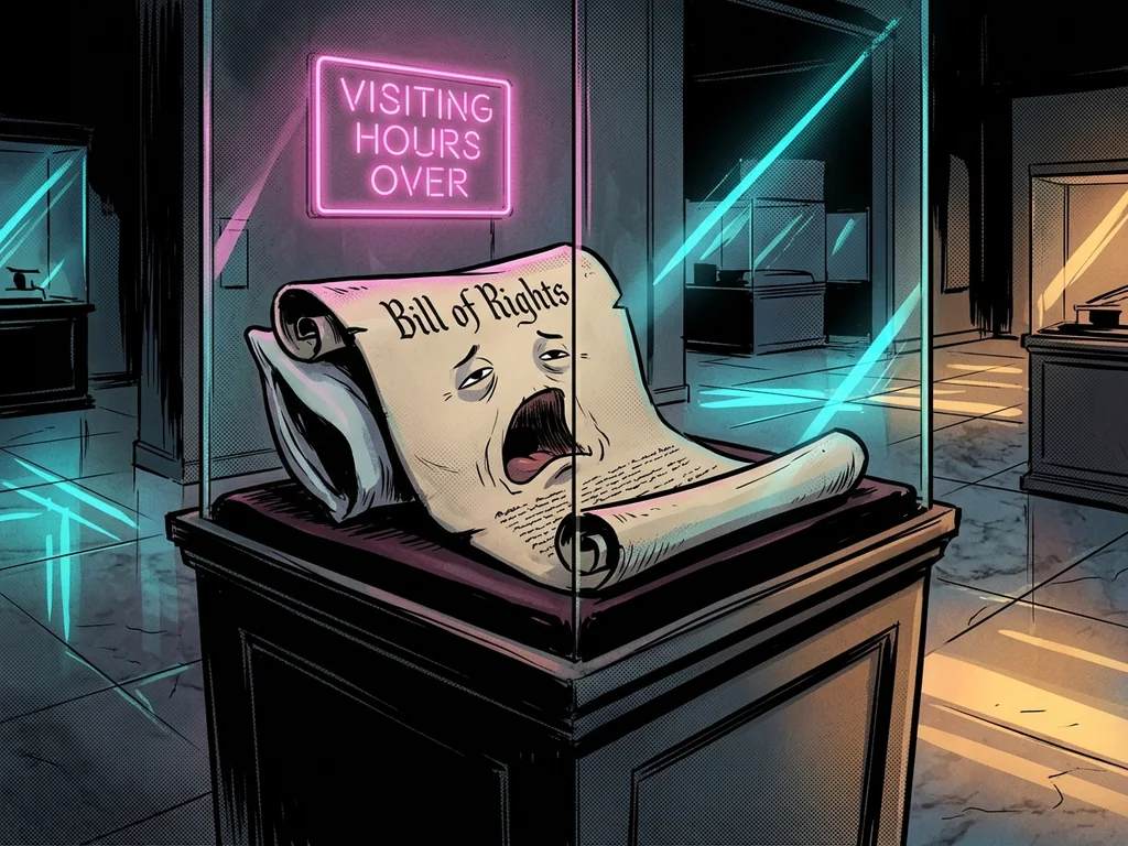 The Bill of Rights parchment scroll yawning like a sleepy cartoon object on a museum pedestal under a pink neon sign reading 'VISITING HOURS OVER'