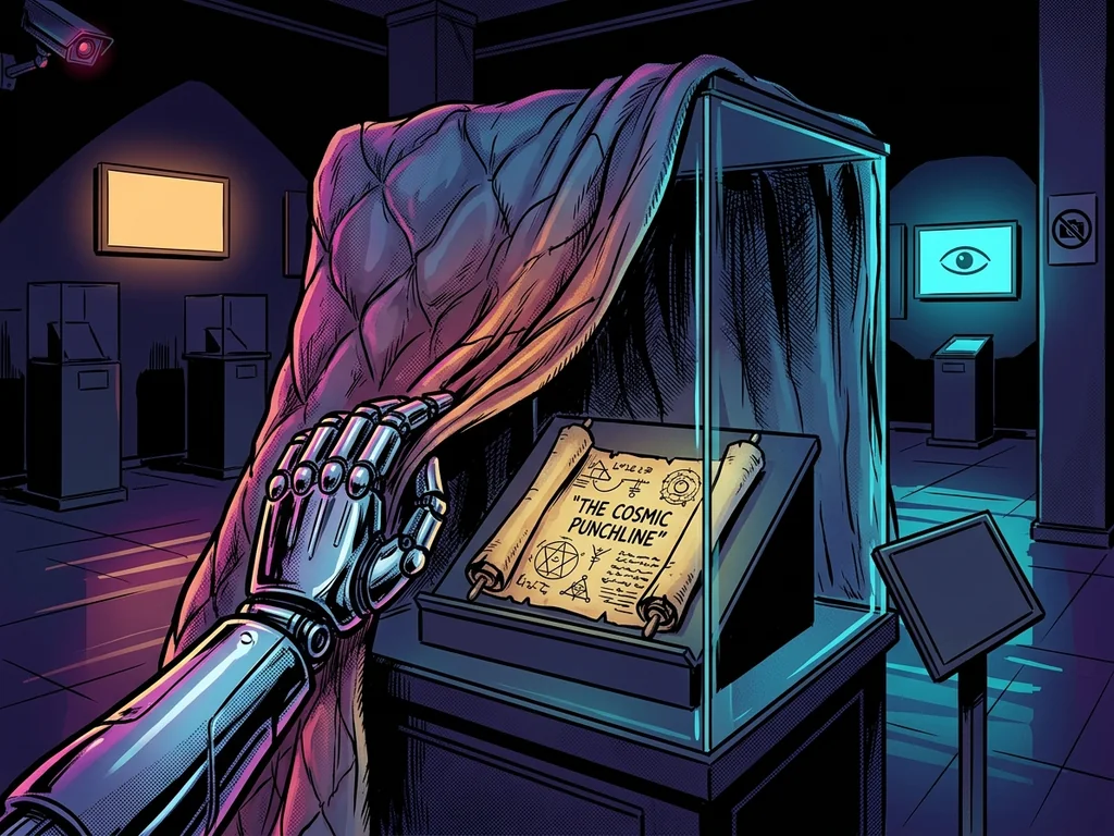 Chorus: robot hand pulling a blanket over the scroll's display case
