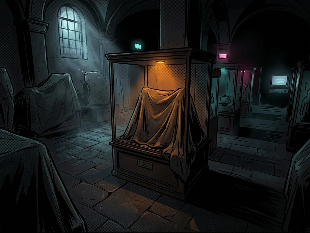 A dark museum hall with the lights out, one amber LED blinking above a display case covered with a cloth