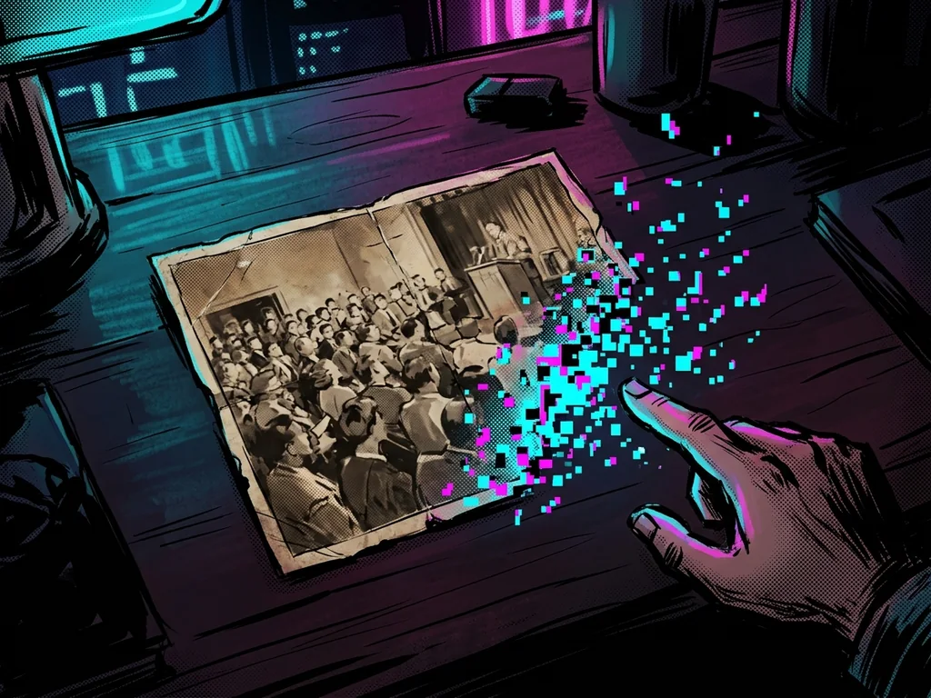 An old sepia photograph of a crowded town-hall meeting crumbling into flying digital pixels at one edge
