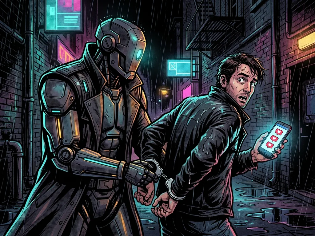 A robot cop handcuffing a startled man whose smartphone screen still glows with a social media post showing three hearts