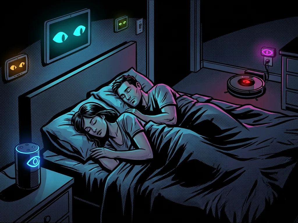 Smart home at night, every appliance with a glowing eye turned toward the sleeping couple
