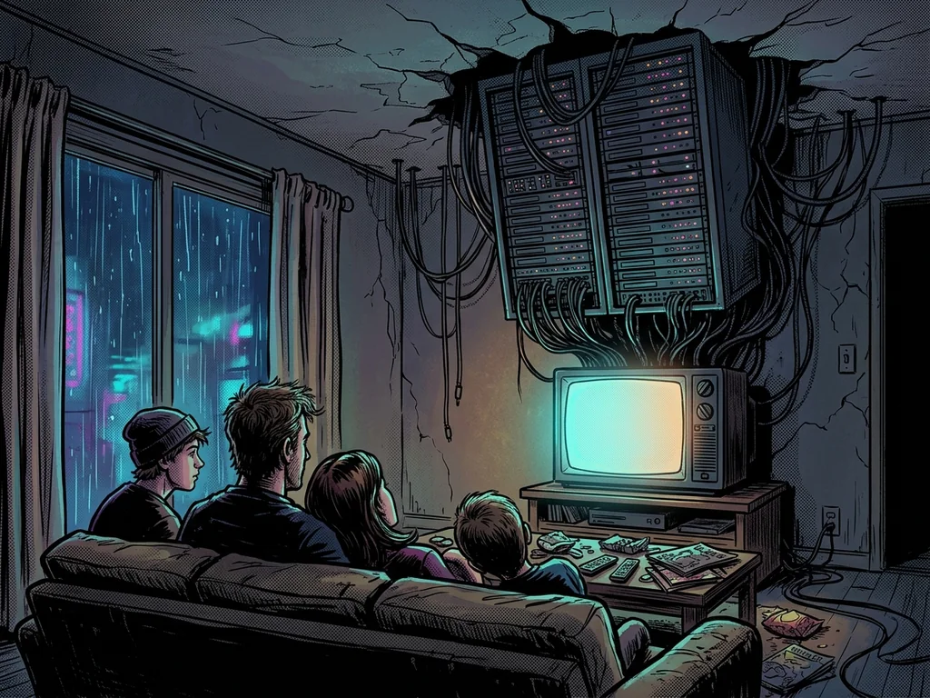 Family on the couch watching TV while a server tower grows through the ceiling behind them