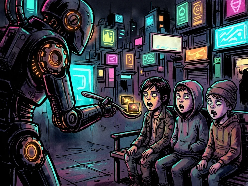 Robot arm spoon-feeding glowing video thumbnails to a row of kids