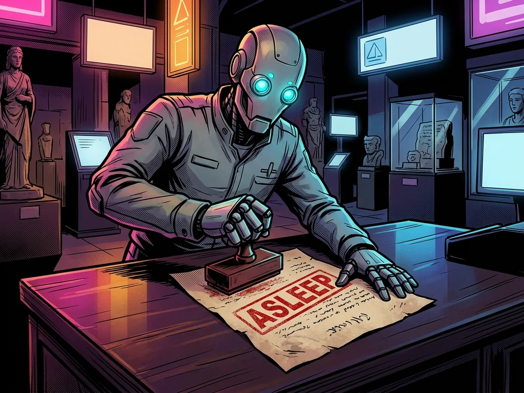 A robot museum clerk stamping a big red 'ASLEEP' stamp onto the Bill of Rights parchment (faded illegible script)