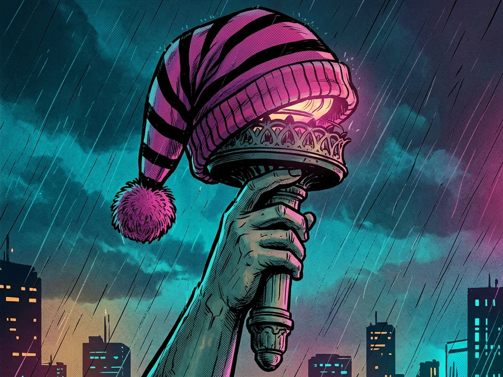 Chorus: night-cap placed over Lady Liberty's torch