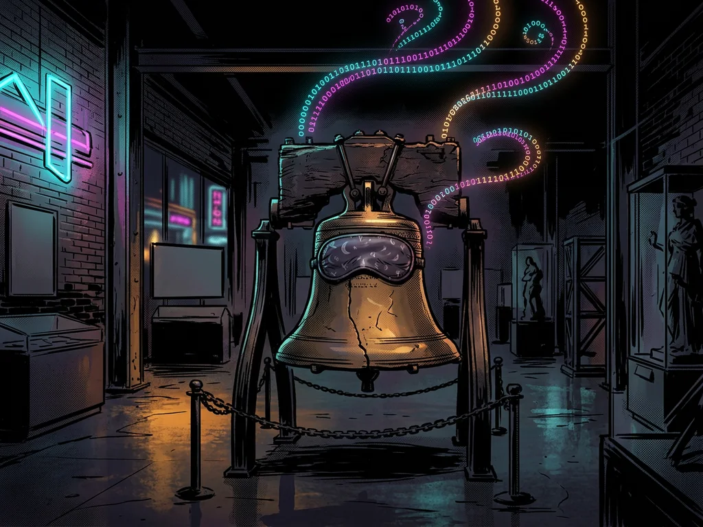 A Liberty Bell displayed in a dark museum, wearing a satin sleep mask, glowing 0s and 1s drifting up from it like snores