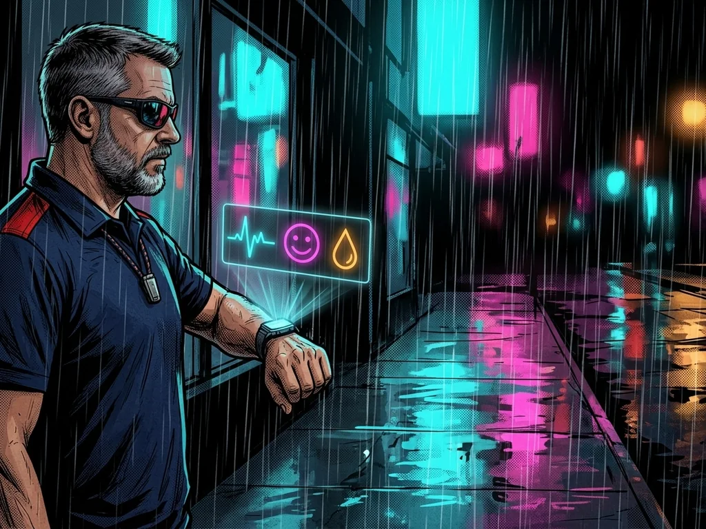 The hero in profile on a rainy neon sidewalk, his smartwatch projecting a hologram of his heartbeat, a smiley face and a teardrop as live data