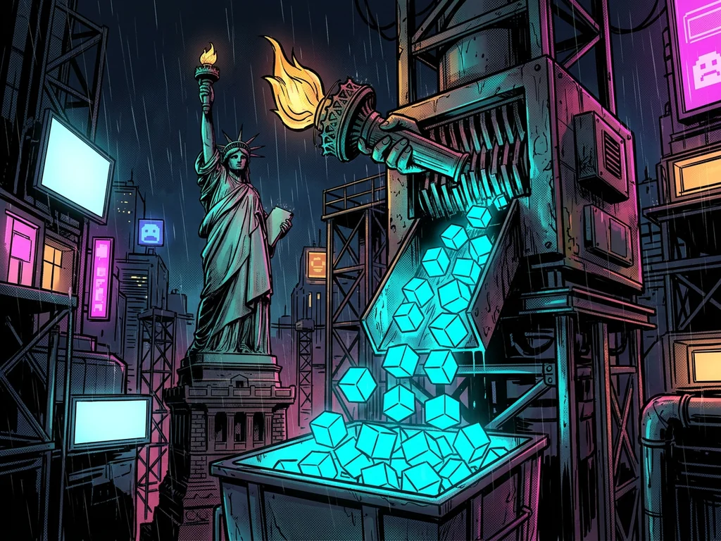 Liberty torch fed into a shredder that spits out cyan data cubes