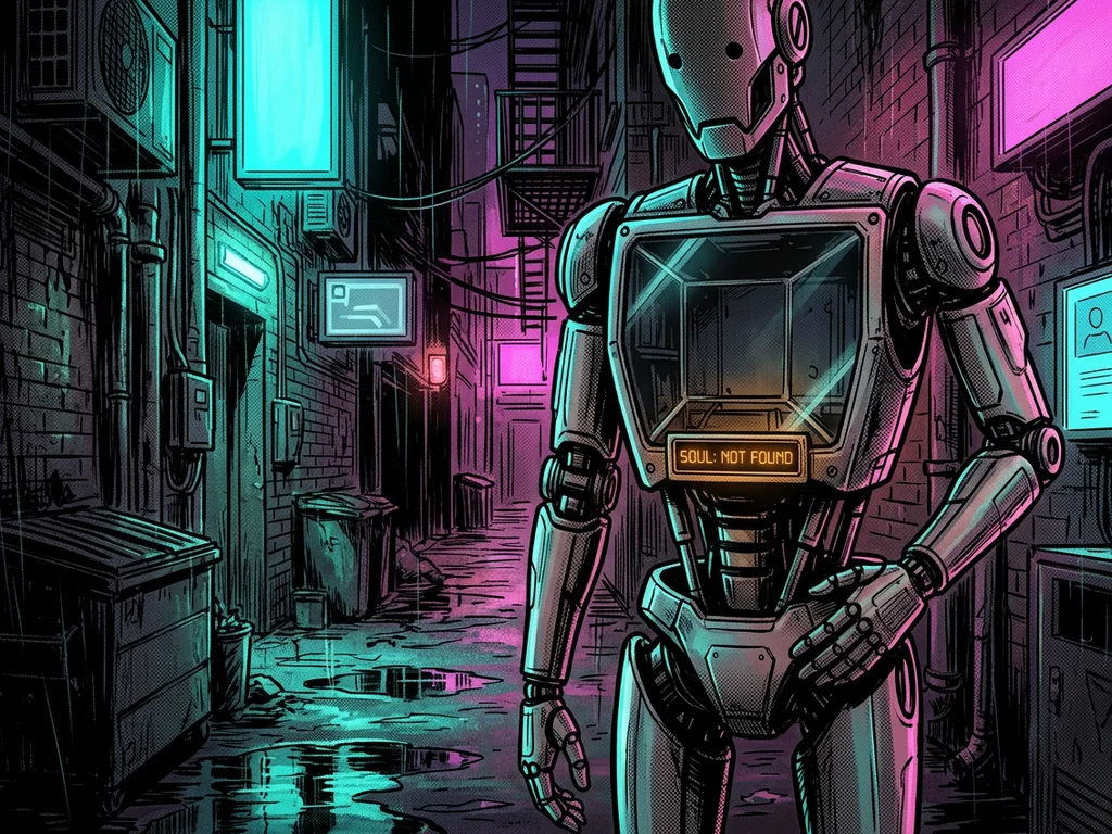 A tall robot enforcer with a hollow glass chest cavity, a small glowing readout inside reading 'SOUL: NOT FOUND'