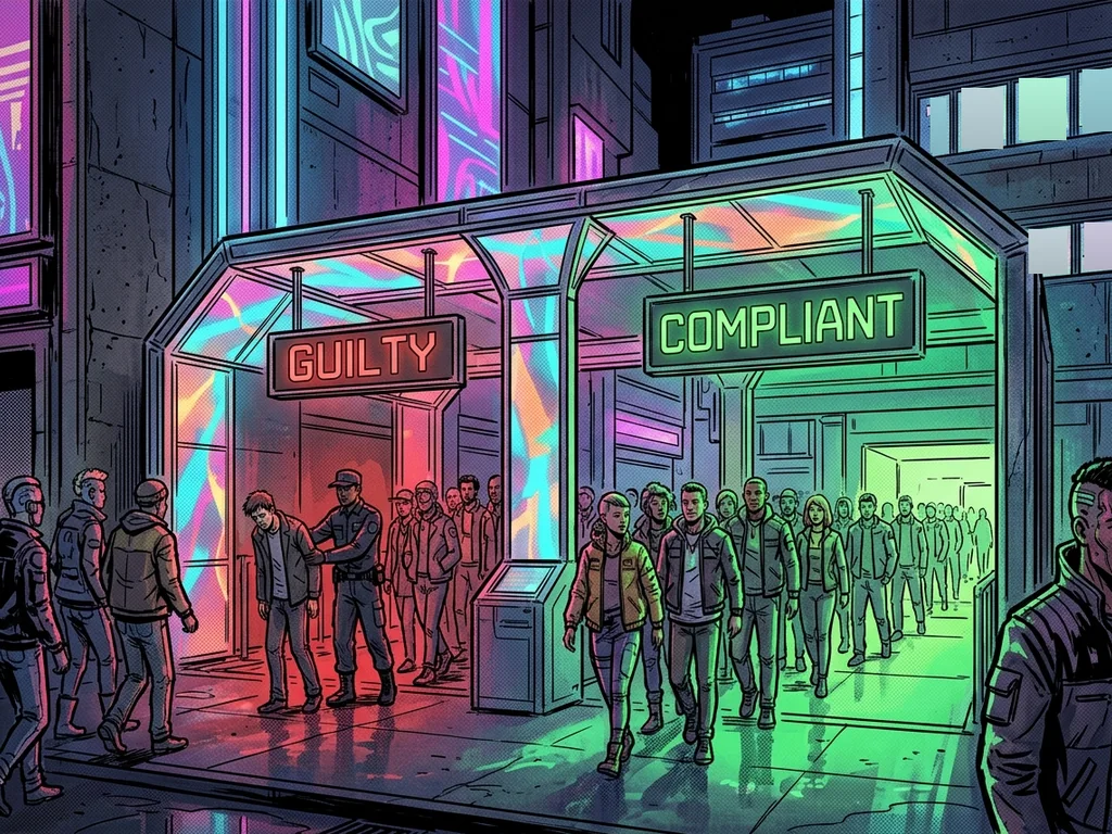 A robot scanner arch sorting a crowd of people into two lanes, a red lane with a sign 'GUILTY' and a green lane with a sign 'COMPLIANT'