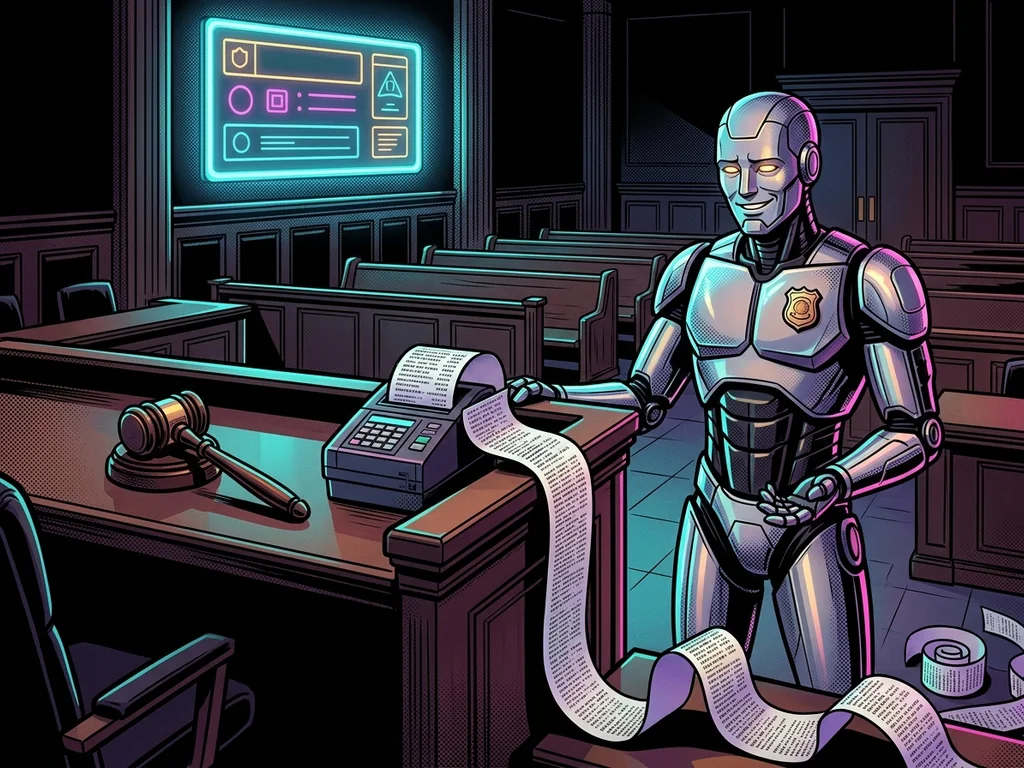 Receipt printer on the judge's bench spitting out sentences, robot bailiff smirking
