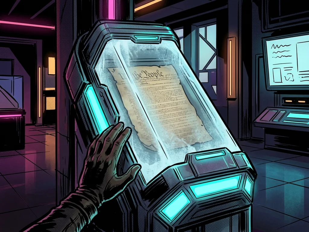 The Constitution parchment (faded illegible script) sealed inside a frosted museum cryo-pod with glowing cyan panels