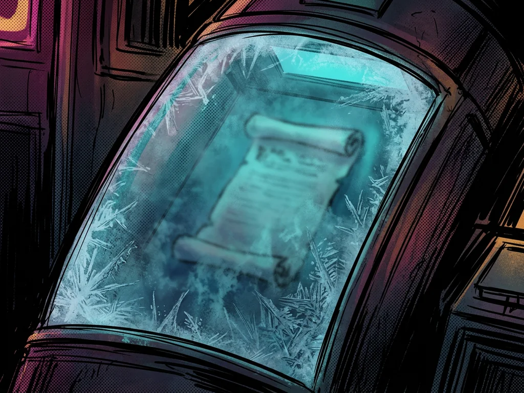 Close-up of the glass of a museum cryo-pod frosting over with ice crystals, a faint parchment silhouette inside
