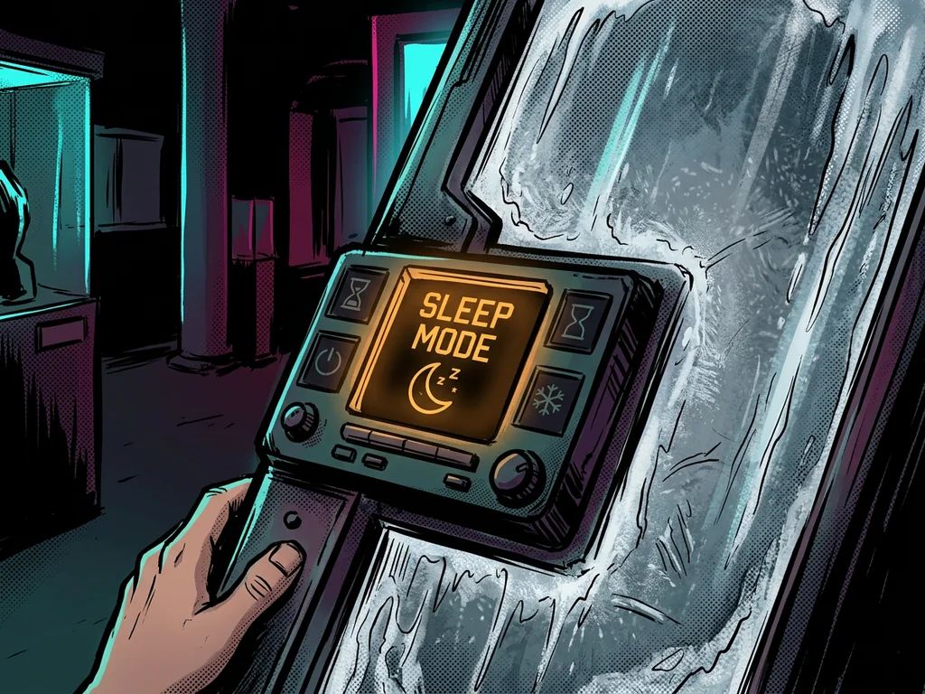 A museum cryo-pod's small control screen flipping to 'SLEEP MODE', glowing amber in the darkness