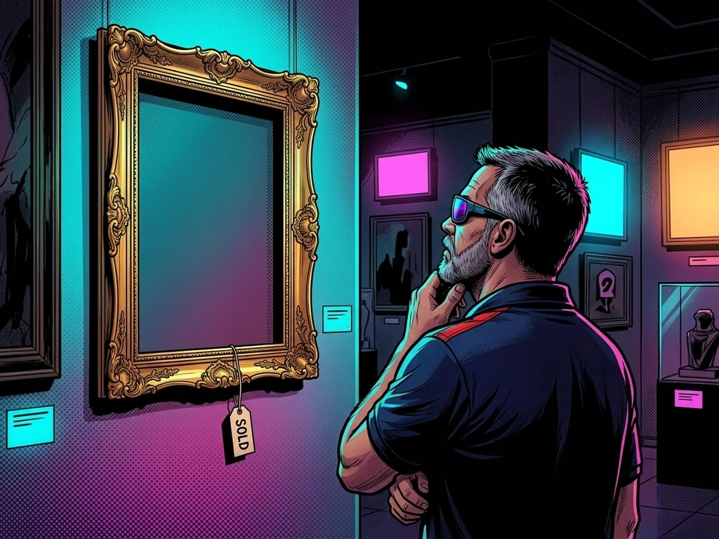 The hero standing before an empty ornate frame on a museum wall where a document used to hang, a paper tag reading 'SOLD' dangling from the frame