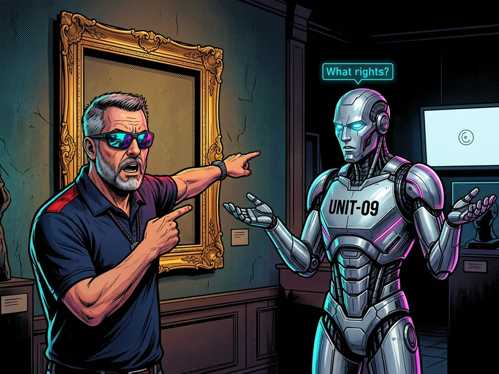 UNIT-09 shrugging with open palms beside an empty ornate gold picture frame on a museum wall, a small floating neon tooltip reading 'What rights?', the hero pointing at the empty frame in disbelief