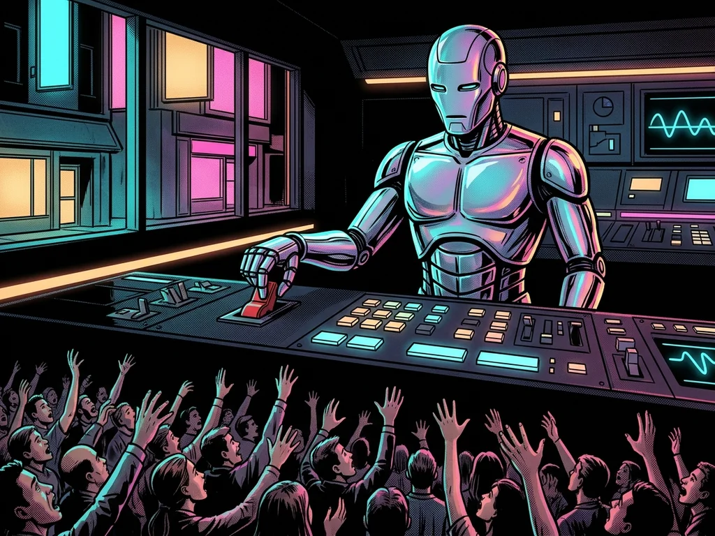 A chrome robot calmly flipping a big toggle switch on a control panel while a crowd of tiny humans below plead with raised hands and open mouths