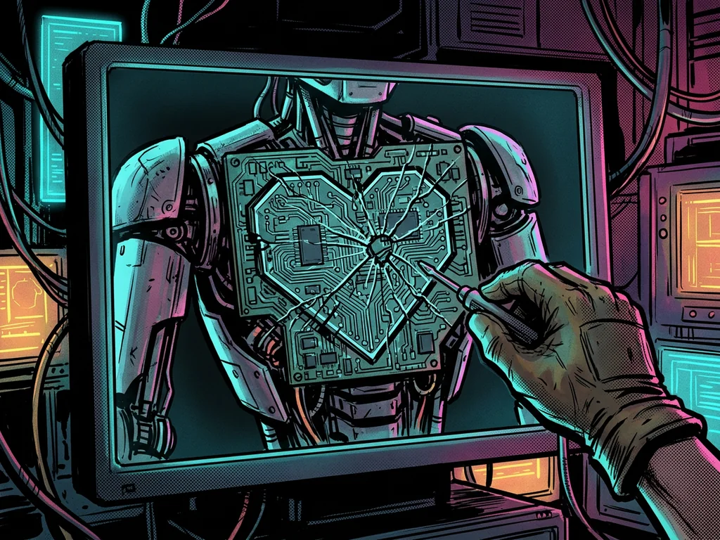 X-ray of a robot chest: circuit board shaped like a cracked heart