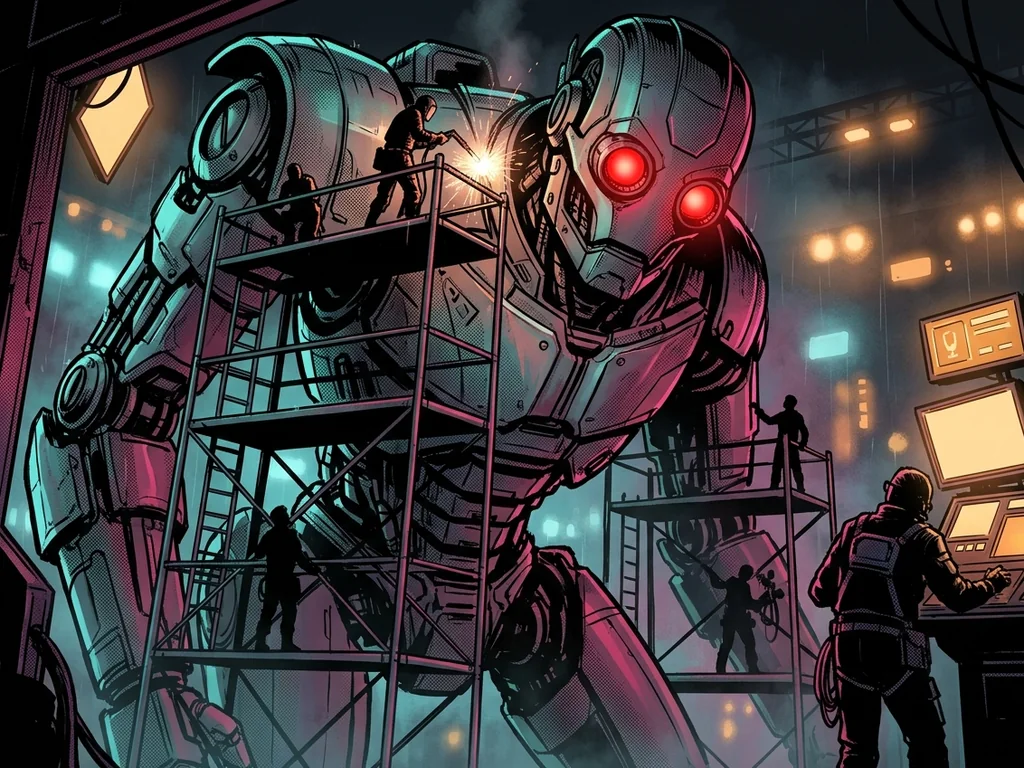 Humans building a giant robot on scaffolding as its eyes switch on and look down