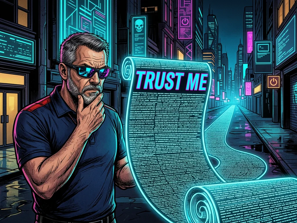 The hero squinting at a glowing scroll-like terms-of-service document unrolling across the ground to the horizon, big letters at the top reading 'TRUST ME'