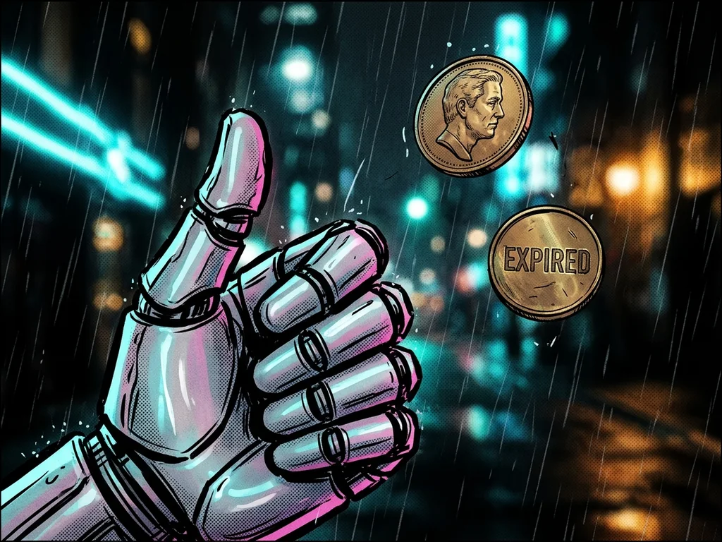 A robot's metal hand flipping a coin in mid-air; one face of the coin shows a human face, the other side is stamped 'EXPIRED'