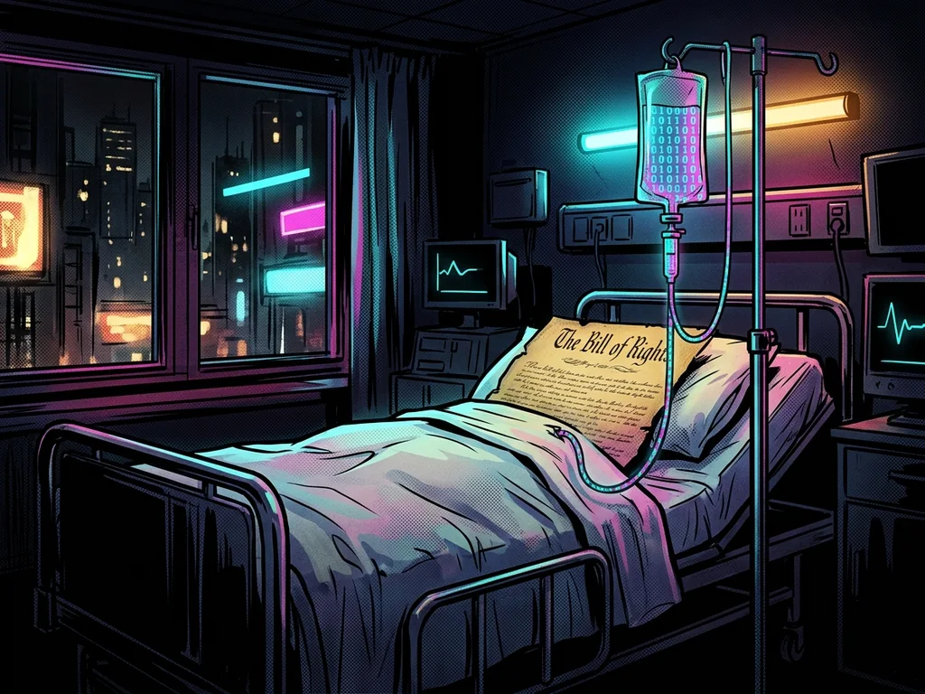 The Bill of Rights parchment (faded illegible script) lying in a hospital bed under a blanket, an IV drip line filled with glowing binary digits