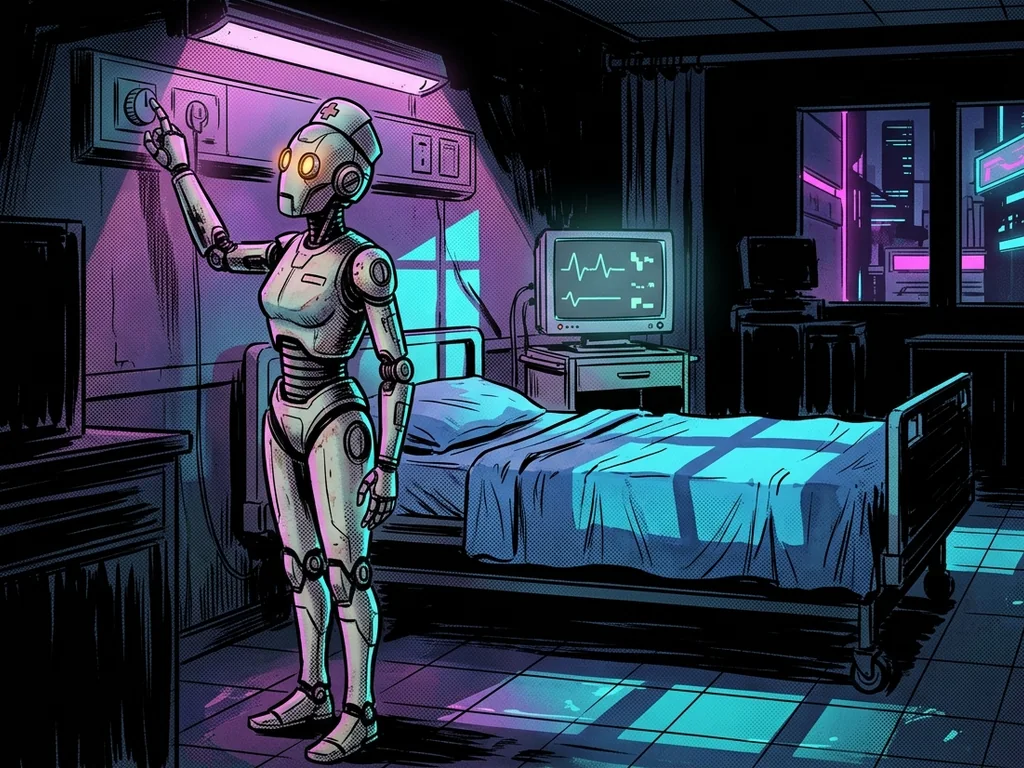 A robot nurse dimming the lights in a hospital room at night, a heart monitor glowing softly beside an empty bed