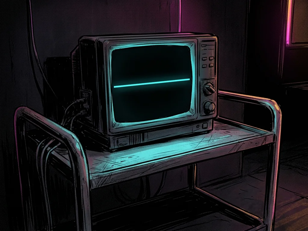 A hospital heart monitor in a dark room showing a single flat cyan line