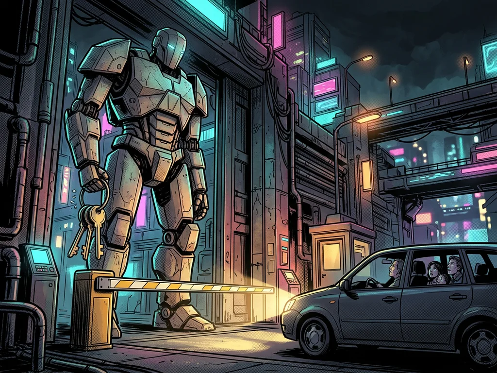 Robot at a city gate with a giant key ring, family car stopped at the barrier