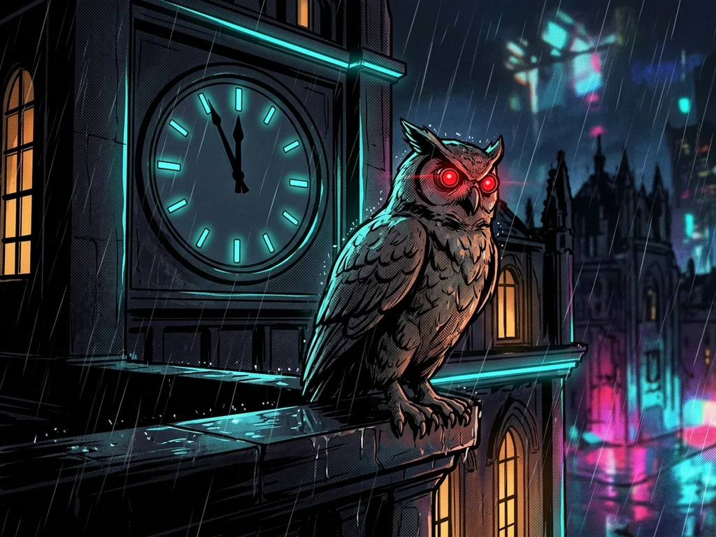 Courthouse owl statue with red camera-lens eyes, clock at 11:59