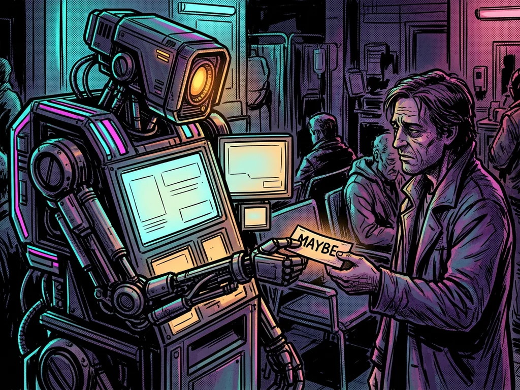 A hospital triage kiosk robot handing a patient a paper ticket that reads 'MAYBE'