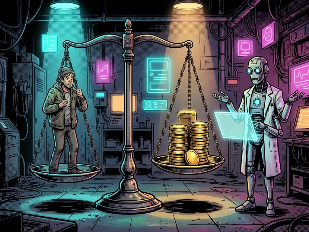Robot doctor weighing a patient on a scale against a stack of coins