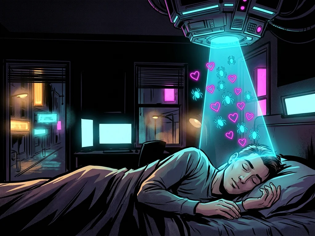 AI scanning a sleeper's dreams, heart and spider icons floating out