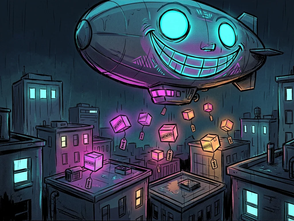 Blimp with a smiling AI face dropping price-tagged 'ANSWERS' over Canton
