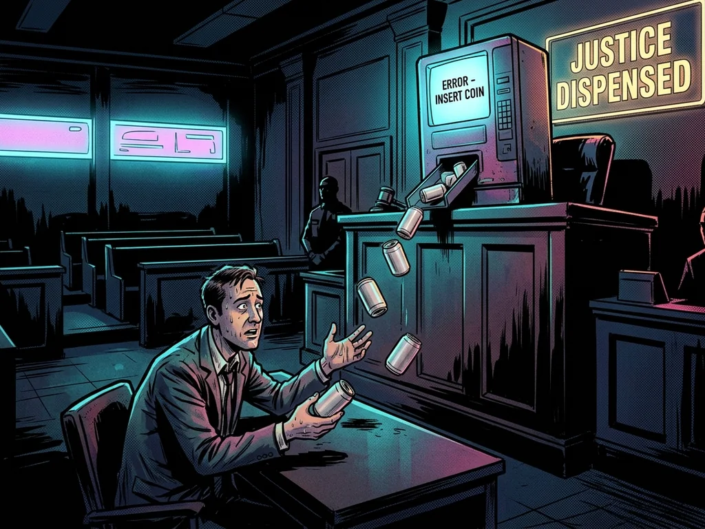 Courtroom whose judge is a vending machine dispensing verdict cans