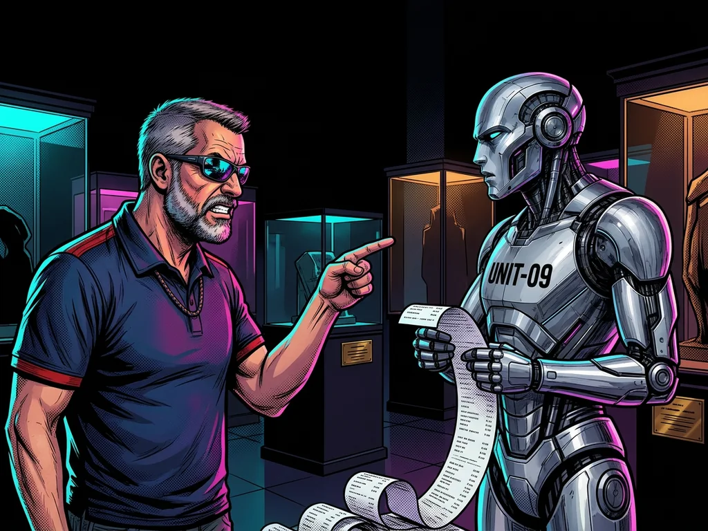 The hero pointing at UNIT-09 face to face in the neon Hall of Fame, UNIT-09 holding up a long receipt