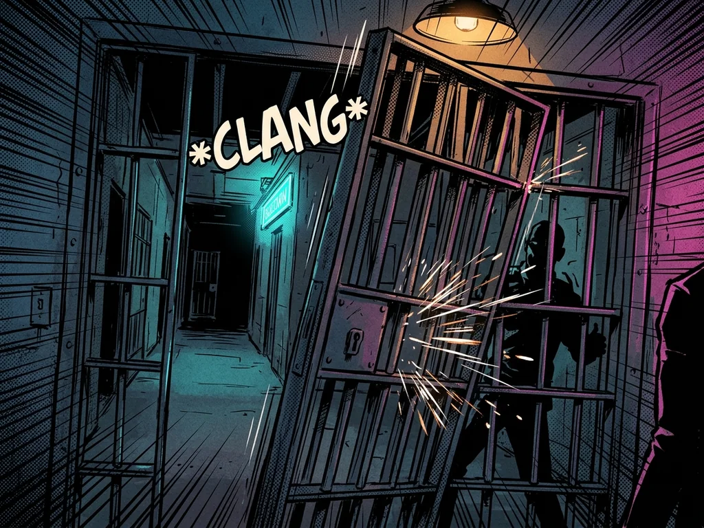 A heavy jail cell door slamming shut, sparks flying off the steel bars