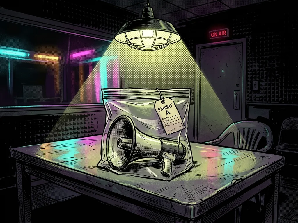 A megaphone sealed inside a clear plastic evidence bag with a tag reading 'EXHIBIT A', lying on a steel table under harsh light