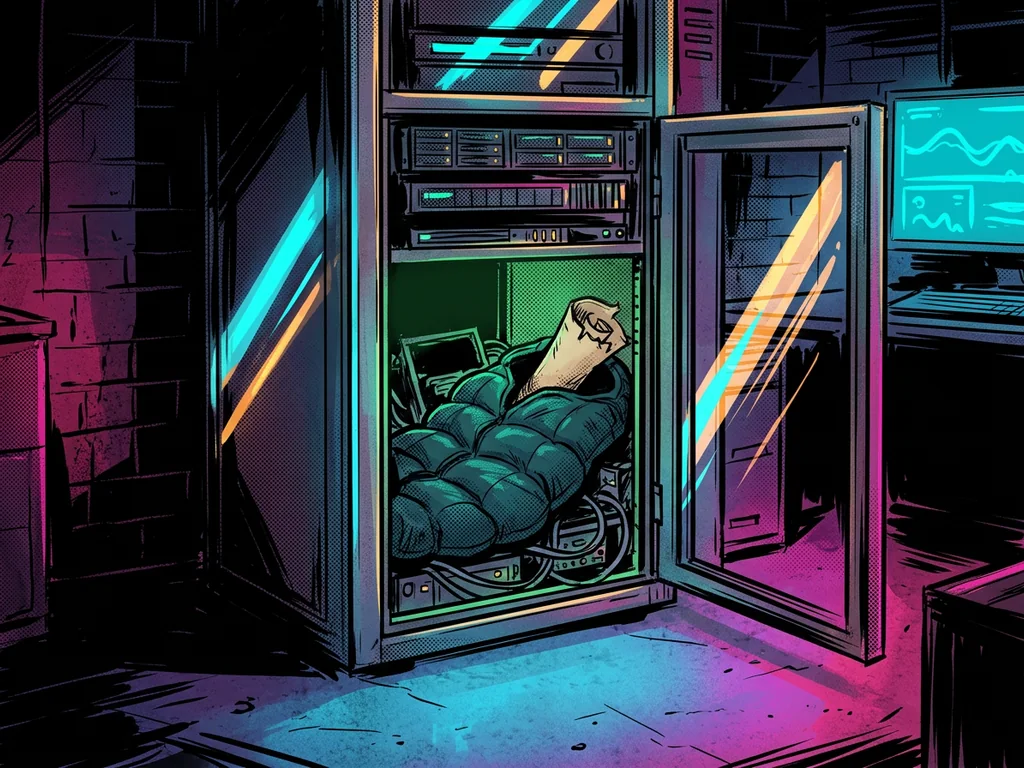 The Bill of Rights parchment scroll tucked into a small sleeping bag inside an open glowing server rack