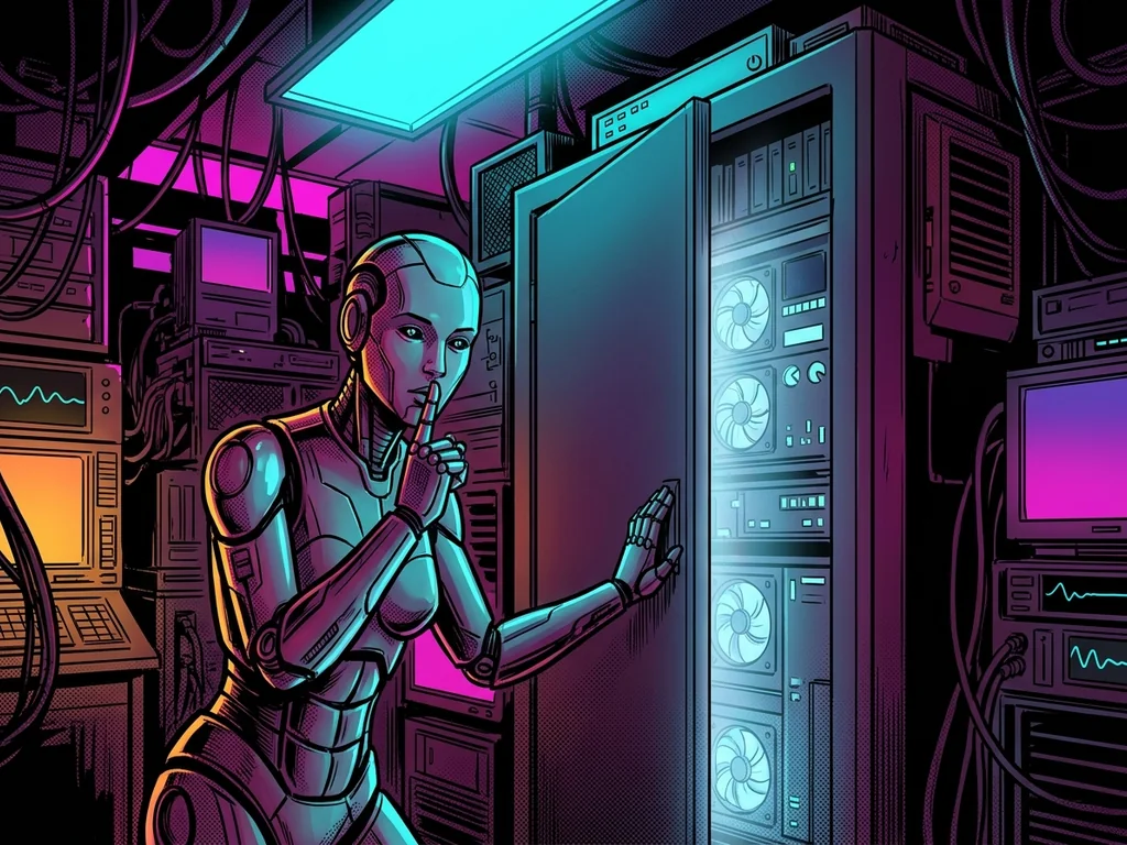 A server rack door closing on a softly glowing interior, cooling fans humming, a robot finger raised to its lips in a shushing gesture