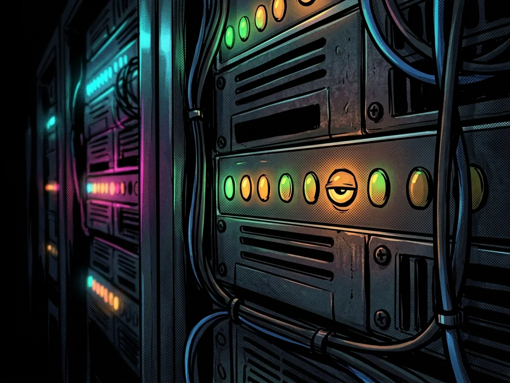 Close-up of a server rack in the dark, its row of status LEDs turning from green to a sleepy amber