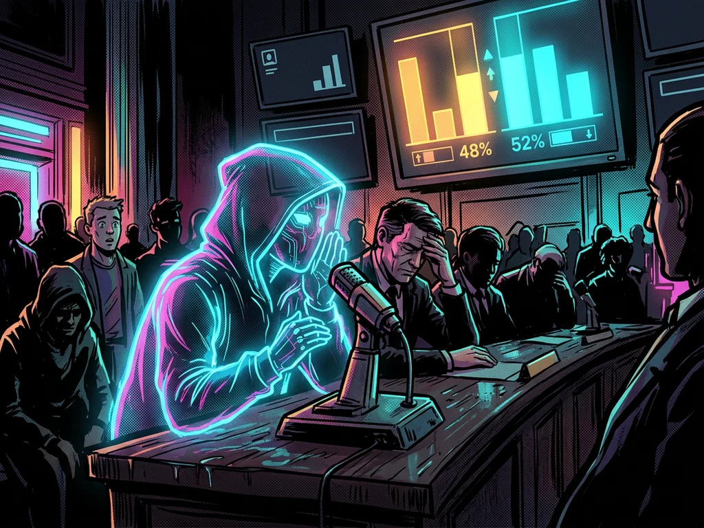 Hooded AI hologram whispering into a city-council microphone as the vote tally changes