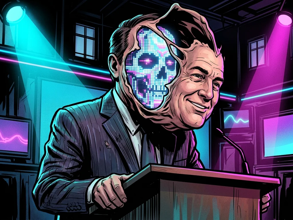 Politician's face peeling away to reveal a pixel mask