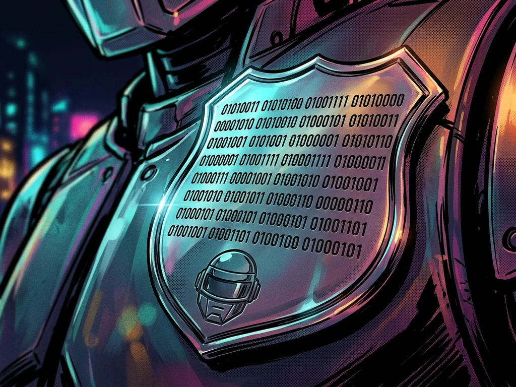 Extreme close-up of a chrome robot police badge engraved with rows of binary 1s and 0s, gleaming under neon